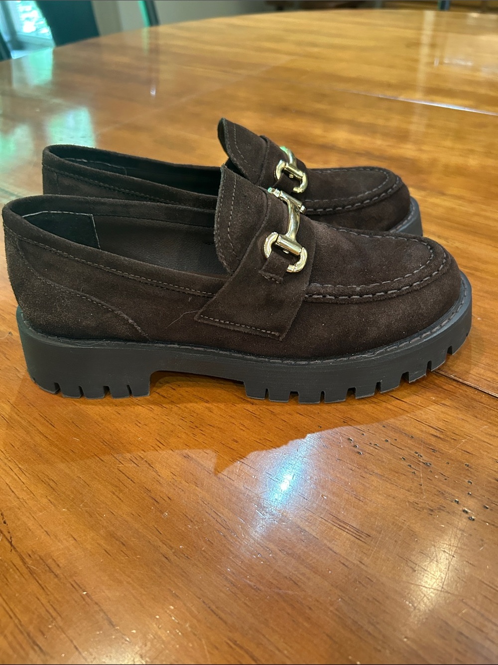Steve Madden Dark Brown Suede Loafers with Gold Bit